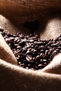 Coffee beans on cloth sack